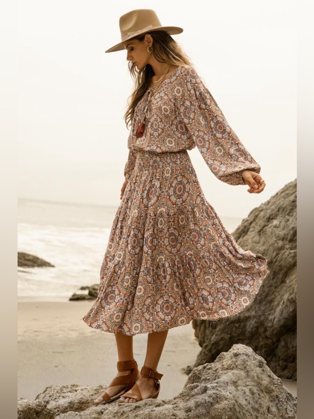 Bohme Rayon Fiona Long Sleeve Boho Medallion Floral Midi Dress